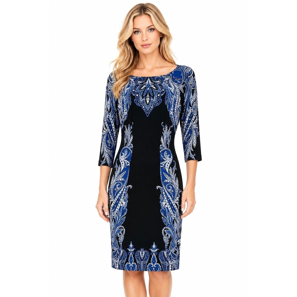 Cache Blue Black Paisley Sheath Dress Womens L Knee Length Stretch 3/4 Sleeve